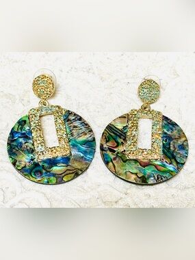 Vintage Abalone Disc Drop Earrings 1 5/8” Iridescent Green Blue Purple